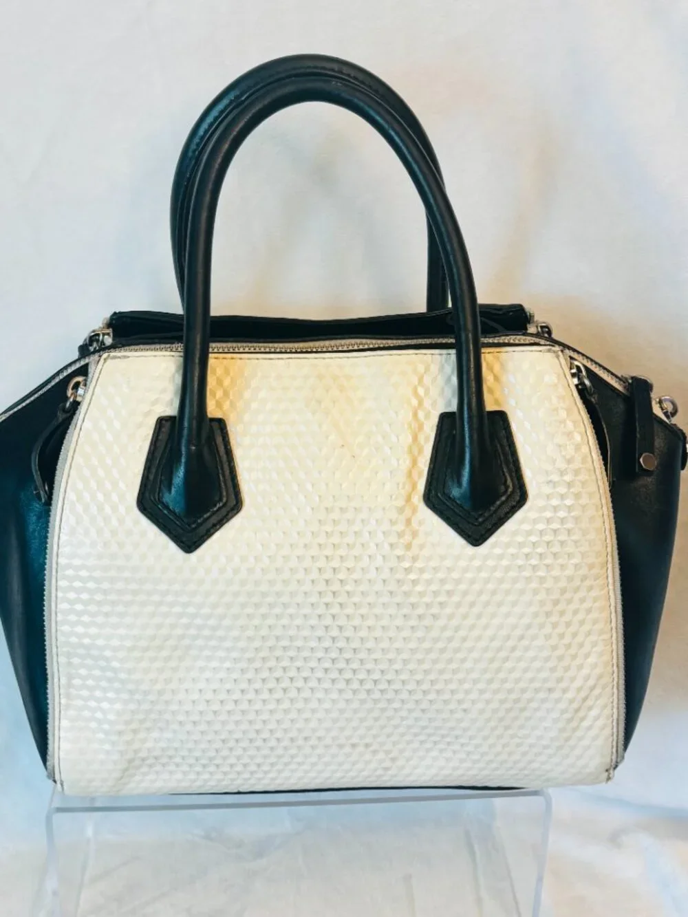 Rebecca Minkoff Perry Satchel Black Eggshell Outer Zipper pockets No strap READ